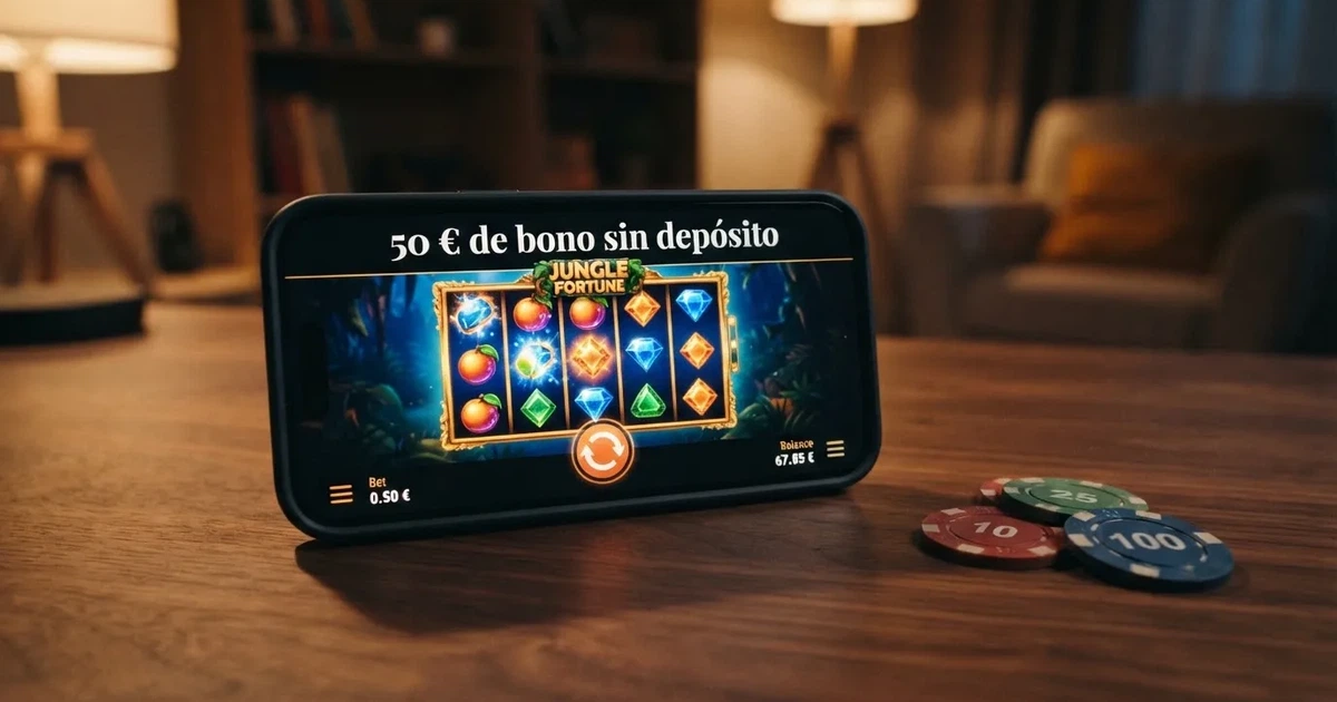Pantalla de un casino online español mostrando una oferta de bienvenida con el texto «50 € de bono sin depósito» junto a una selección de tragaperras