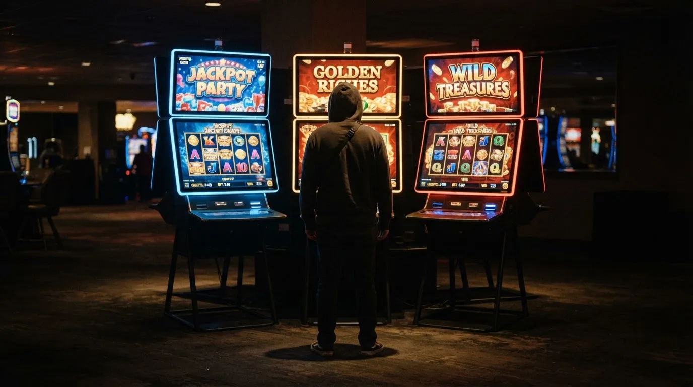 Representación de un jugador frente a múltiples pantallas de casino, sin un sistema centralizado que las conecte