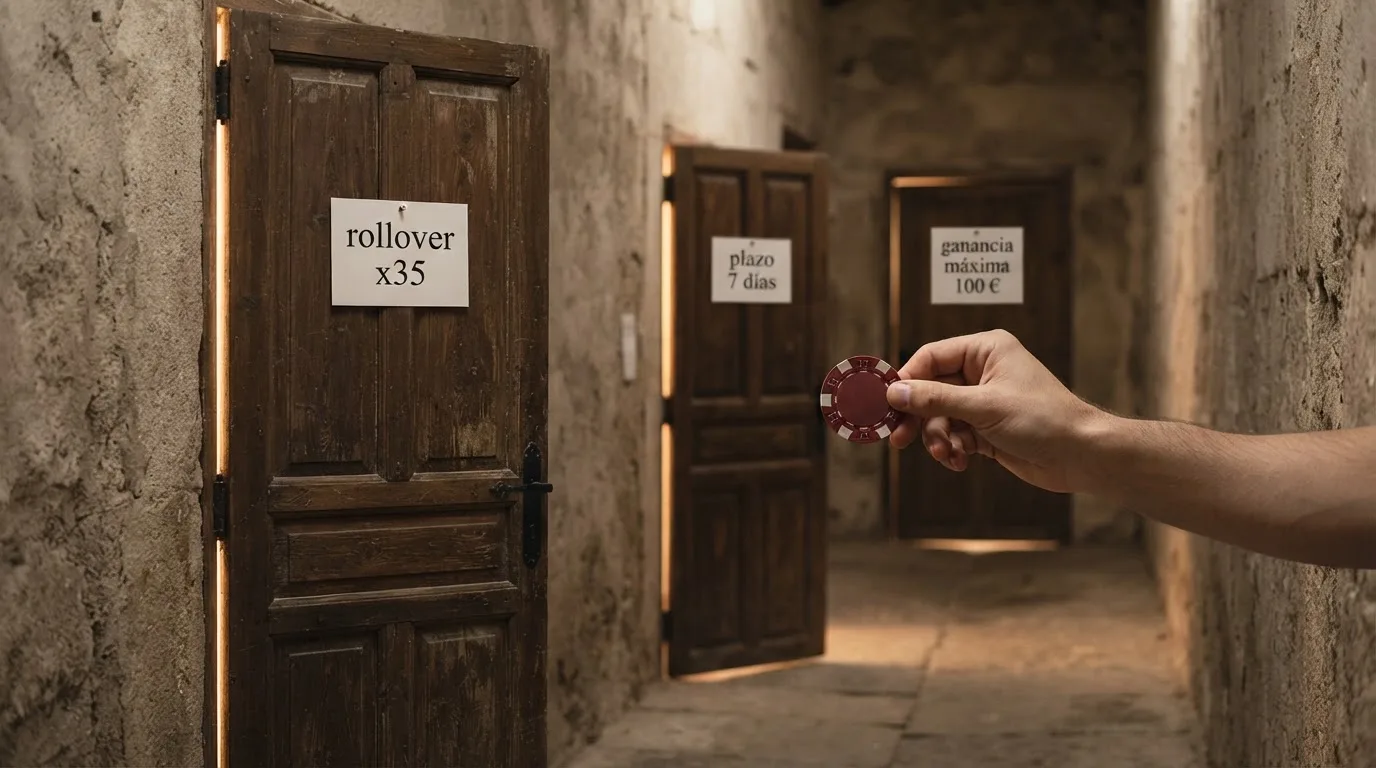 Tres puertas entreabiertas en fila: la primera con el cartel «rollover x35», la segunda con «plazo 7 días» y la tercera con «ganancia máxima 100 €», una mano sujetando un billete de20 € frente a la primera puerta
