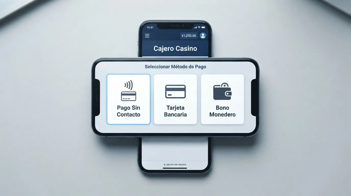 Pantalla de un teléfono móvil con las aplicaciones de Bizum, Apple Pay y Google Pay como métodos de depósito en la caja de un casino online español