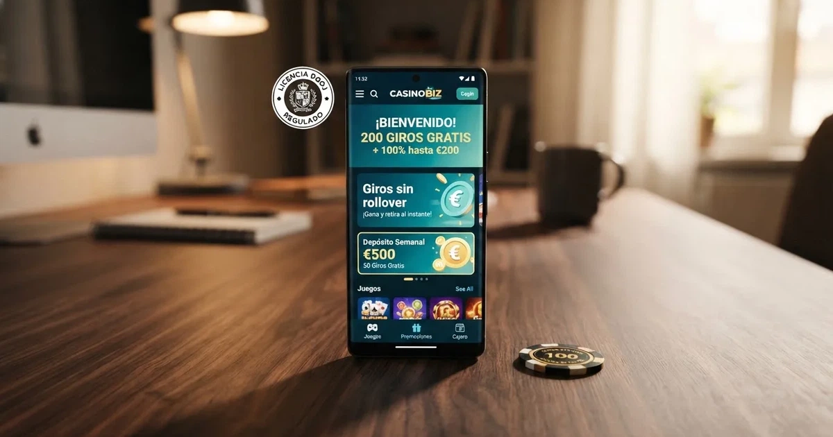 Interfaz de un casino online español con una promoción destacada de bono sin rollover y el sello de licencia DGOJ visible