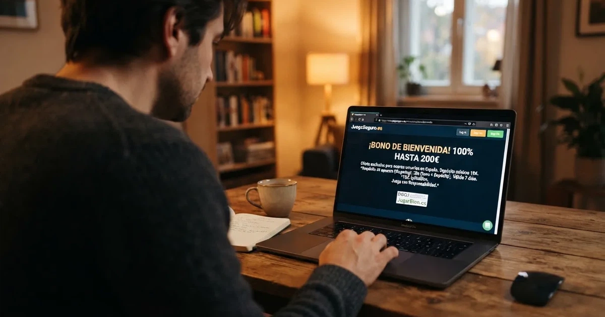 Un jugador consulta en la pantalla de su ordenador las condiciones de un bono de bienvenida en un casino online con licencia española, con el dominio .es y el sello de juego seguro visibles en la interfaz