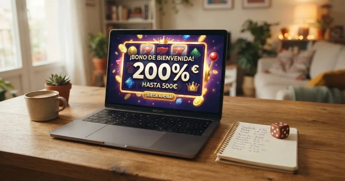 Pantalla de un casino online español mostrando un bono de bienvenida del 200% junto a una calculadora y un dado