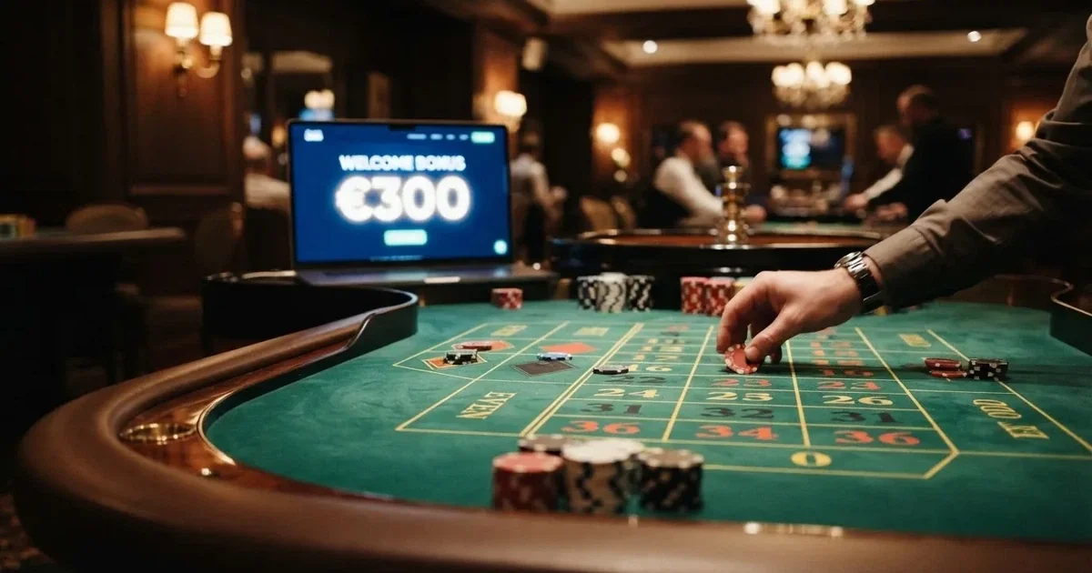 Una mesa de ruleta online con fichas de colores y una interfaz de casino mostrando una oferta de bono de bienvenida en pantalla