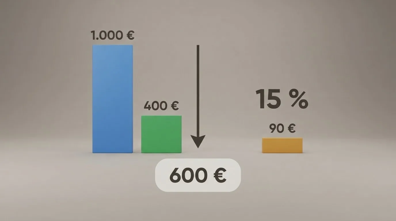 Esquema visual que desglosa la fórmula de las pérdidas netas: dinero apostado menos ganancias igual a la base sobre la que se aplica el porcentaje de reembolso