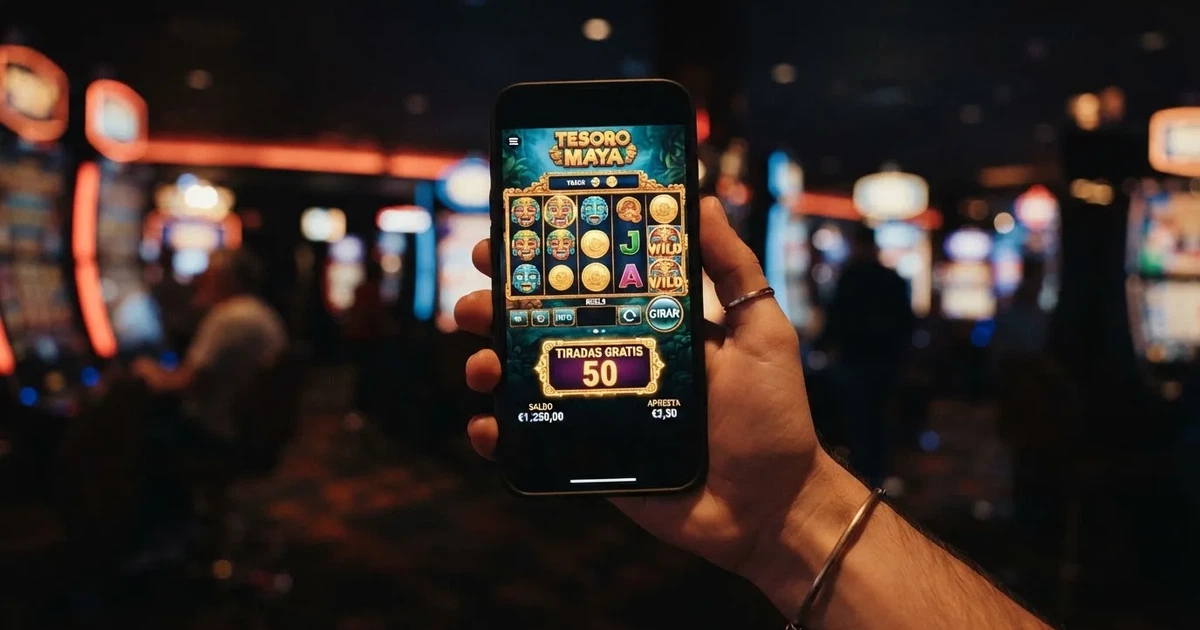 Un primer plano de una mano sobre la pantalla de un móvil mostrando una tragaperras de casino con el contador de tiradas gratis en 50, sobre un fondo oscuro con sutiles elementos de casino