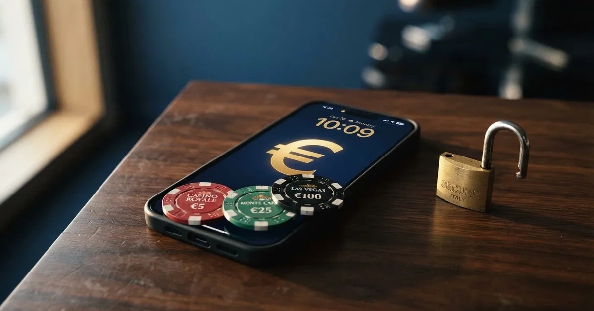 Fichas de casino sobre un móvil con el símbolo del euro y un candado abierto, sobre fondo azul corporativo
