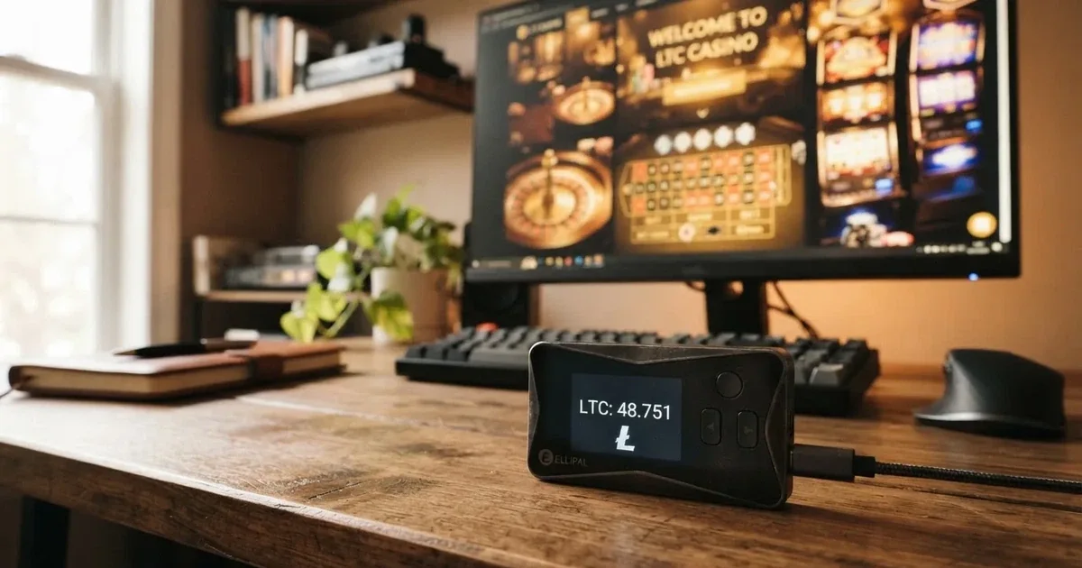 Un monedero de criptomonedas mostrando el saldo en Litecoin junto a la interfaz de un casino online en una pantalla de ordenador
