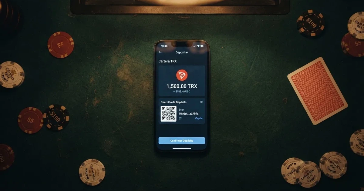 Pantalla de un casino online con la sección de depósito mostrando el logotipo de TRON y un campo para introducir una dirección de wallet