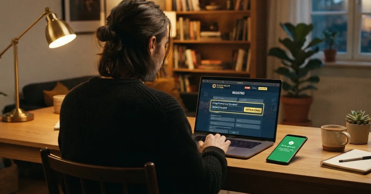 Pantalla de registro de un casino online español con el campo para introducir un código promocional visible junto a un móvil mostrando la confirmación del bono aplicado