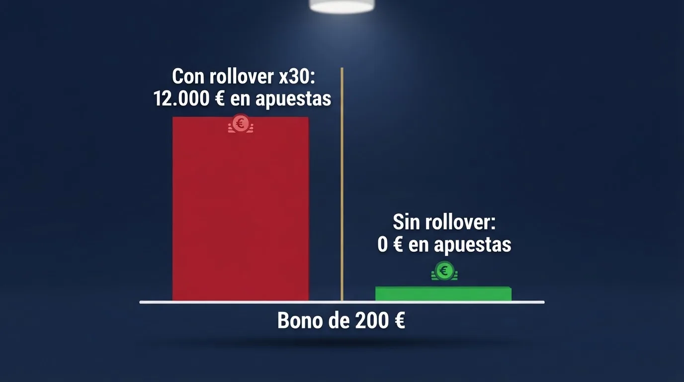 Gráfico comparativo de barras: un bono de 200€ con rollover x30 exige 12.000€ en apuestas; el mismo importe sin rollover exige 0€