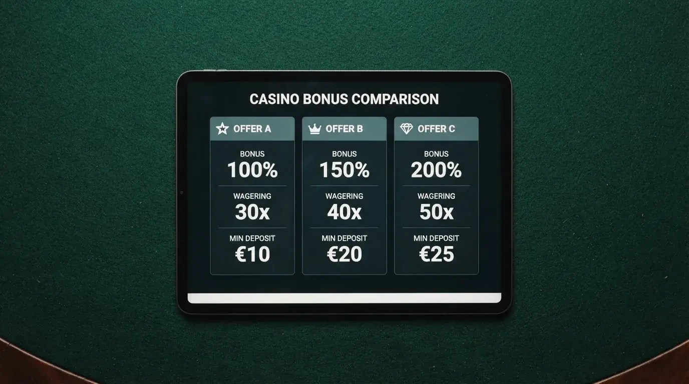 Una vista comparativa de las condiciones de bienvenida de varios casinos online españoles, con el porcentaje de bono, el multiplicador de rollover y el depósito mínimo destacados para cada operador