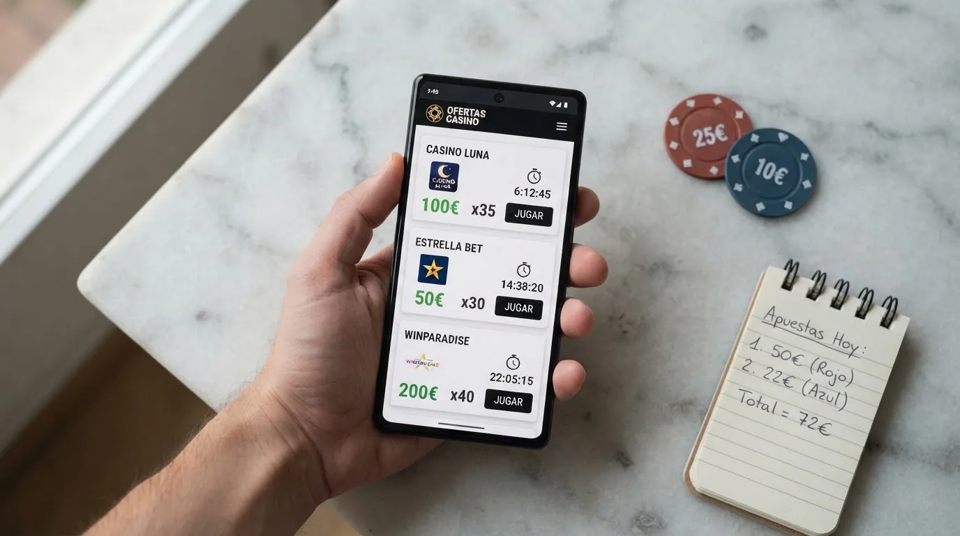 Comparativa visual de casinos españoles con bono sin depósito, mostrando importes, tiradas gratis y condiciones de rollover