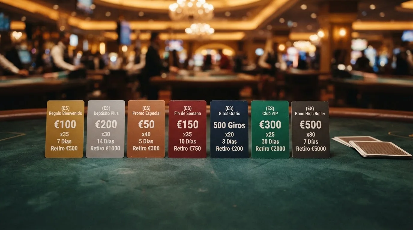 Tarjetas de casino con términos de bono sin depósito (importe, rollover, validez, máximo retirable) alineadas sobre una mesa