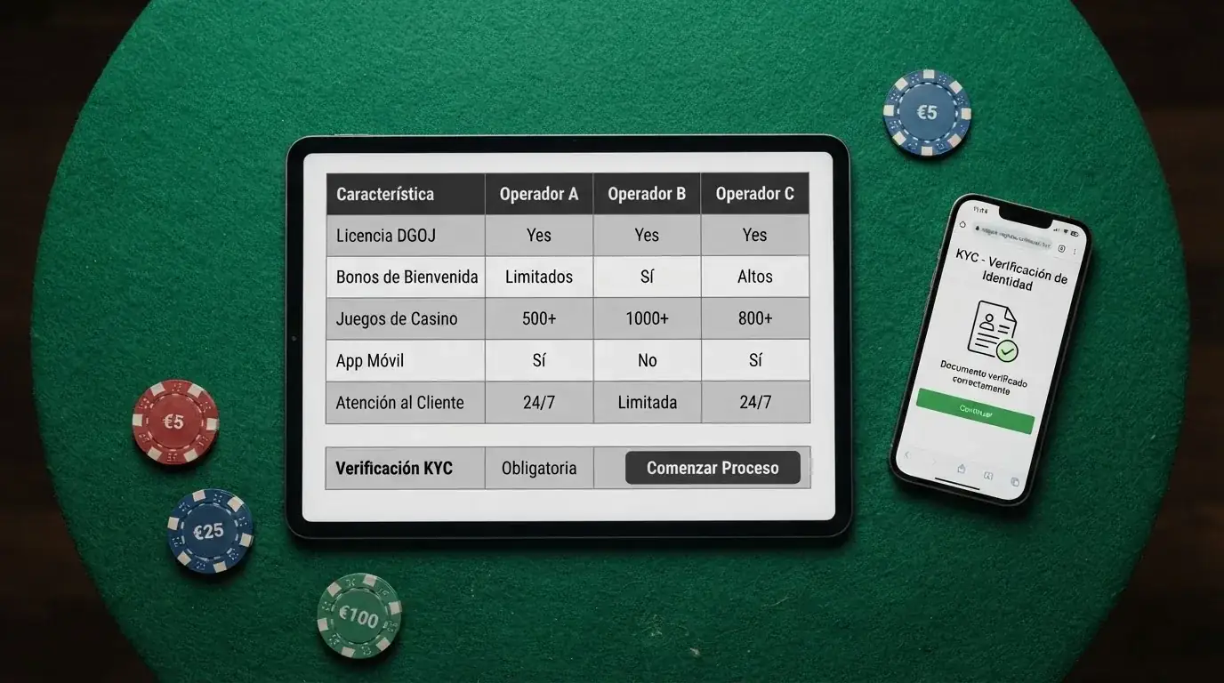 Una tabla comparativa sobre una mesa de juego con fichas de casino, un móvil mostrando la pantalla de verificación KYC y el símbolo del dominio .es visible en la pantalla.