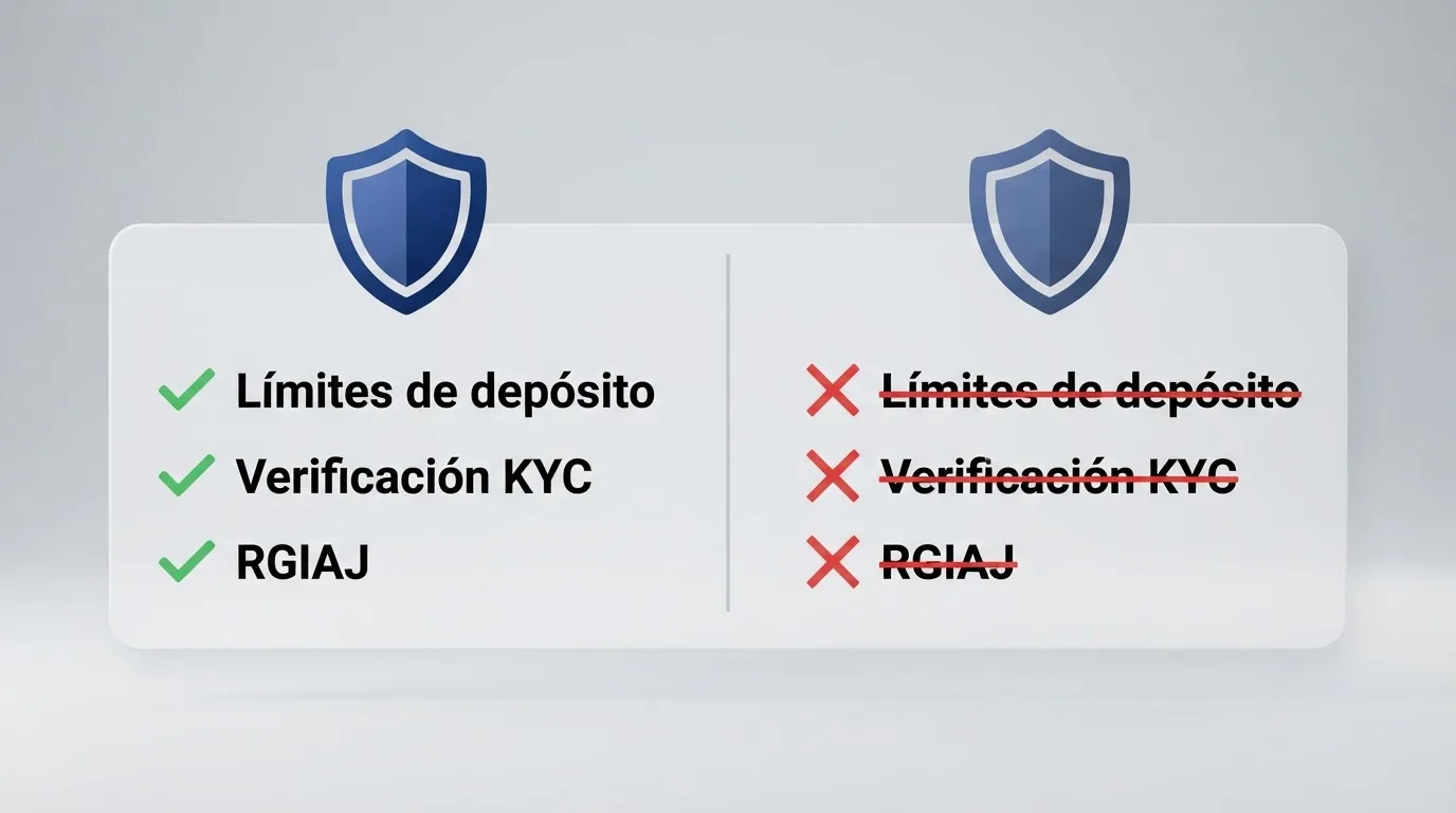 Infografía comparativa: un casino con licencia DGOJ mustra límites de depósito, verificación KYC y logo del RGIAJ; un casino offsore con XRP carece de esos tres elementos