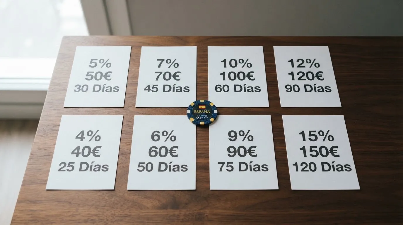 Tarjetas ordenadas con los logotipos de los diez casinos online comparados y sus condiciones de bono destacadas en texto breve sobre cada una