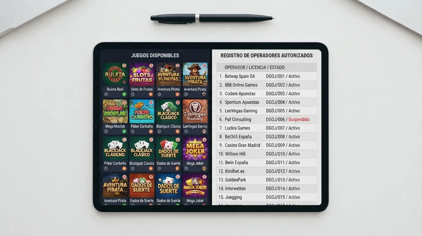 Pantalla dividida que muestra los logos de los principales casinos online junto al registro oficial de operadores autorizados de la DGOJ en una tableta