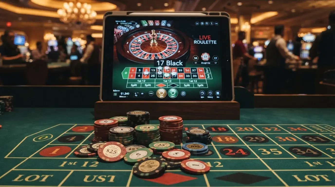 Pantalla dividida con fichas de casino sobre una mesa de ruleta y una tableta mostrando la interfaz de juego.