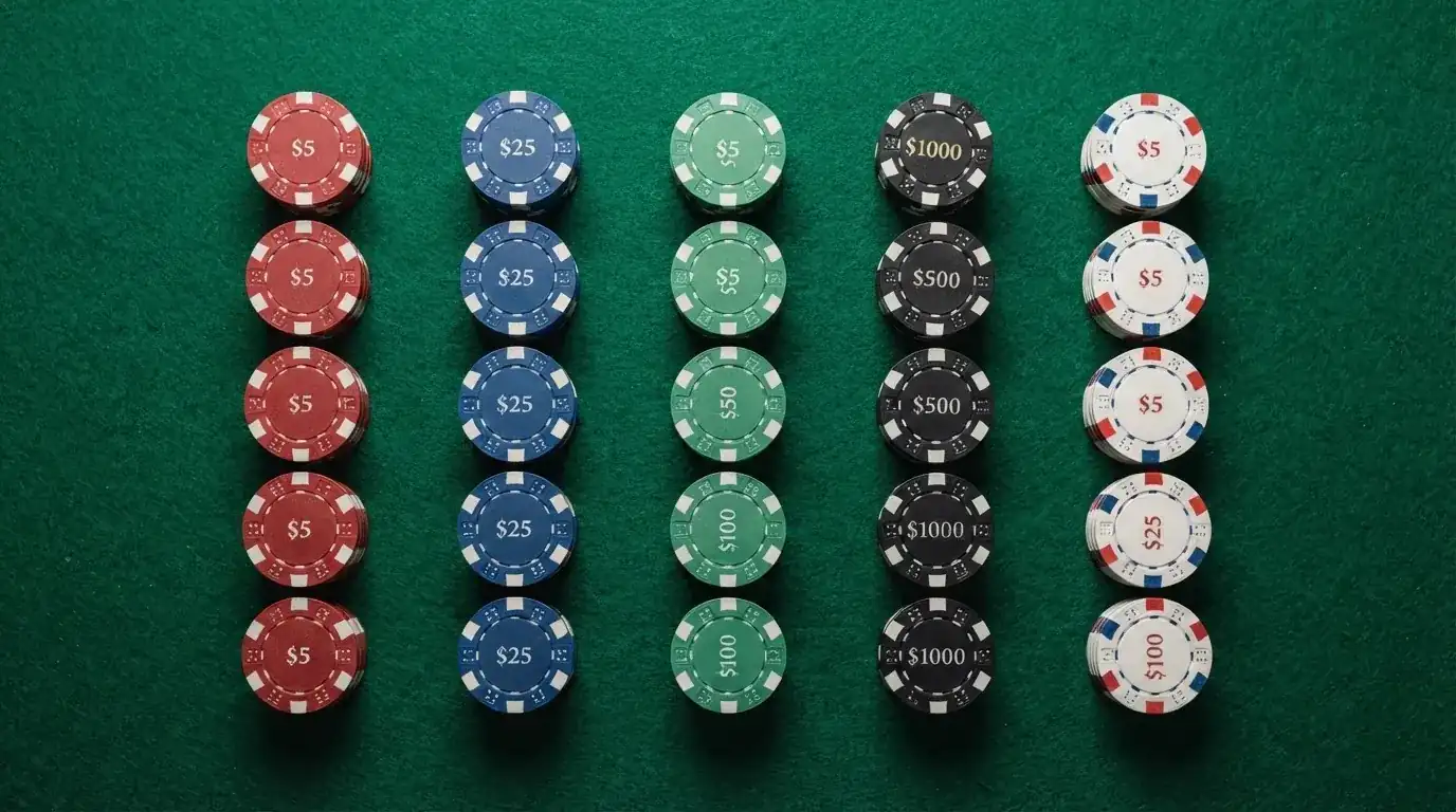 Una vista cenital de varias fichas de casino alineadas en columnas, cada una con un color y un valor distinto, sobre un tapete verde