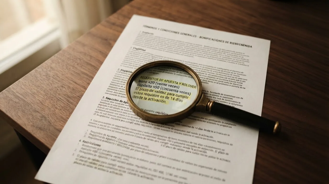 Documento de términos y condiciones de un bono de casino online con una lupa sobre la letra pequeña
