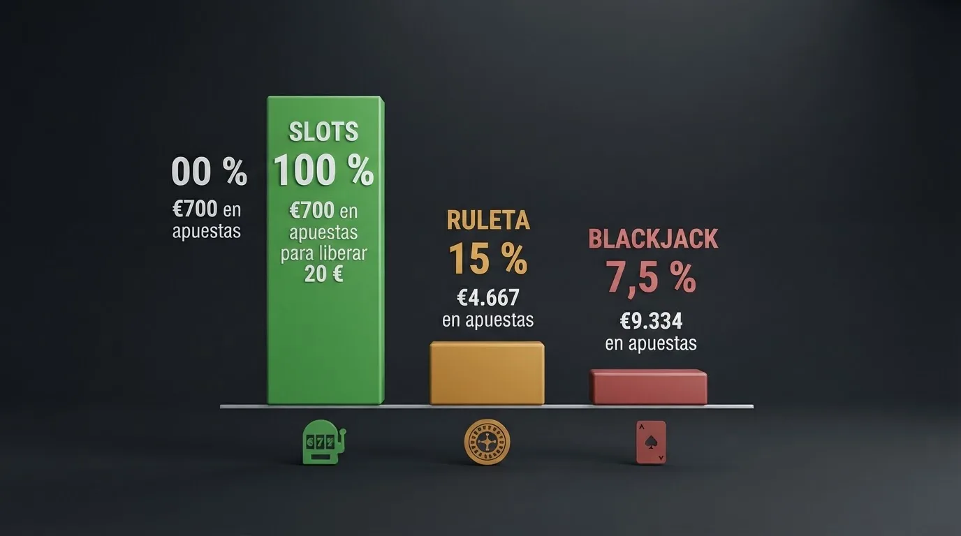 Comparativa visual de tres juegos de casino —tragaperras, ruleta y blackjack— con un porcentaje de contribución al wagering junto a cada uno