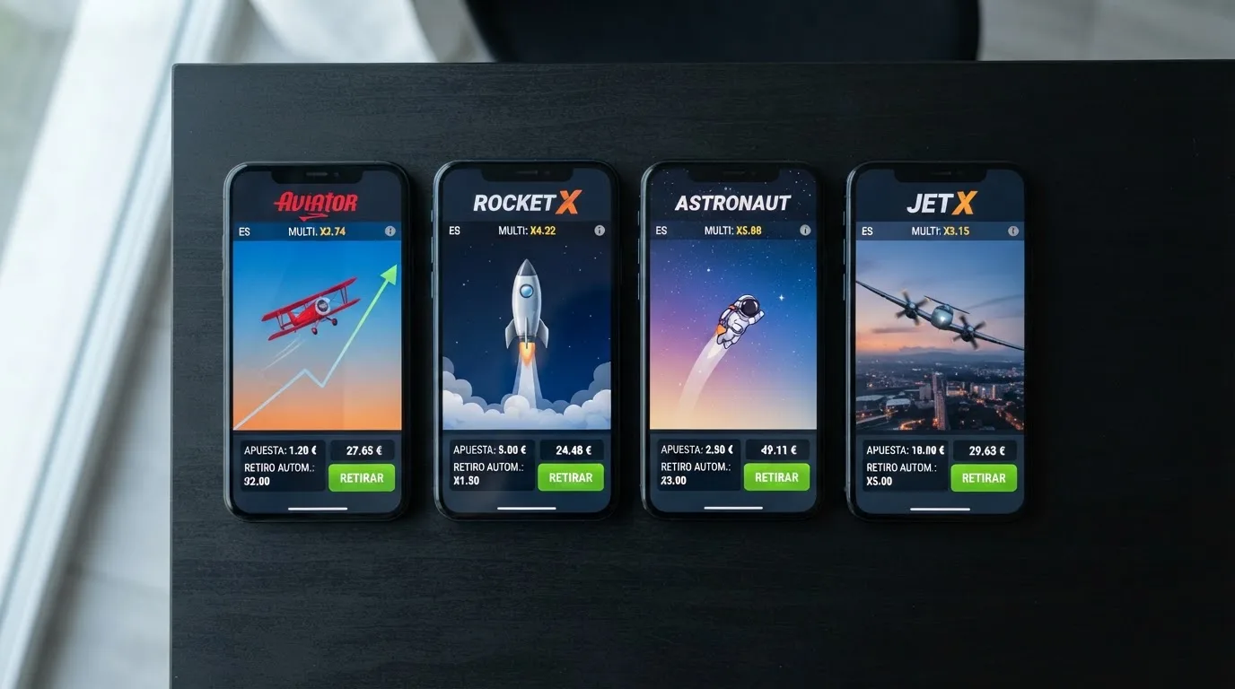 Cuatro pantallas de juegos crash alineadas: Aviator (avión rojo), JetX (reactor), Spaceman (astronauta) y AviaMasters 2, cada una con su interfaz de apuesta y multiplicador visibles