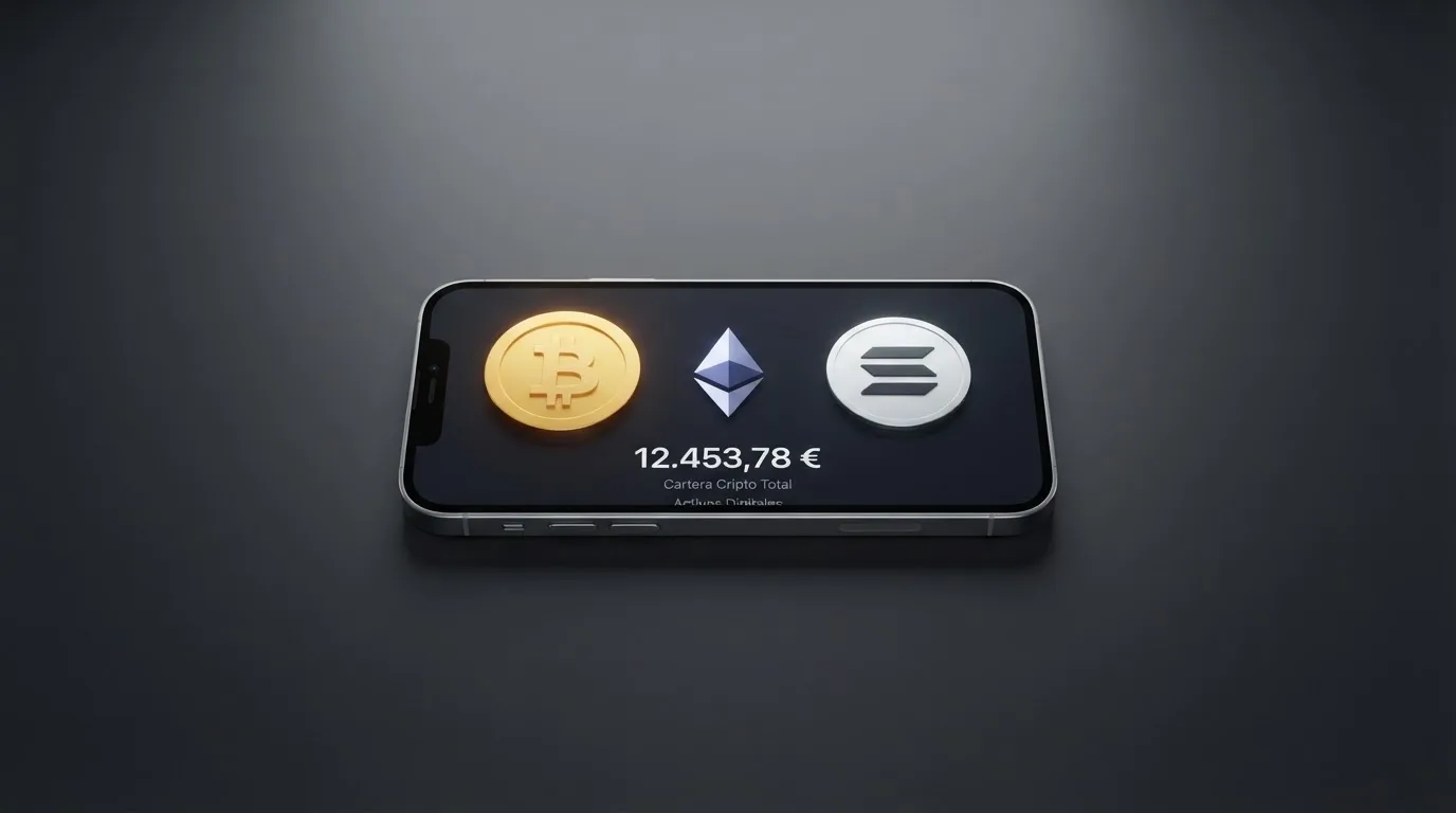 Monedero de criptomonedas en la pantalla de un ordenador junto a los símbolos de Bitcoin, Ethereum y USDT