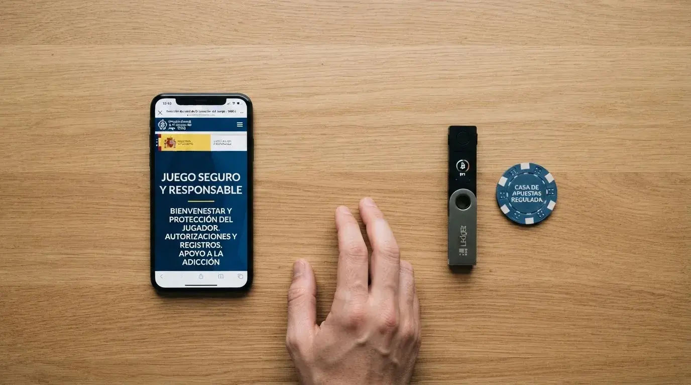 Un monedero Ethereum físico (ledger o similar) sobre una mesa junto a un móvil con la web de ordenacionjuego.es abierta — el jugador entre dos mundos.