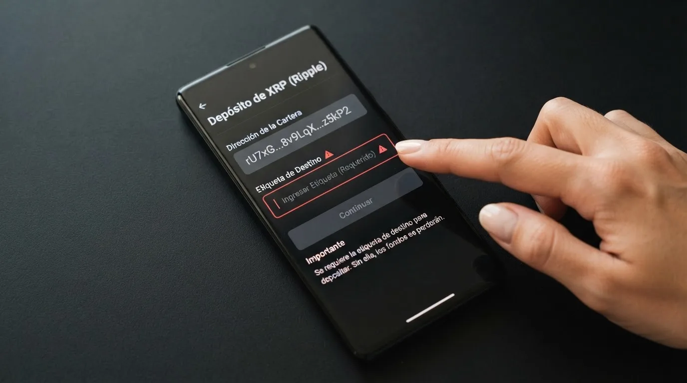 Formulario de depósito en XRP de un casino online con el campo destination tag resaltado en rojo sobre la dirección de envío