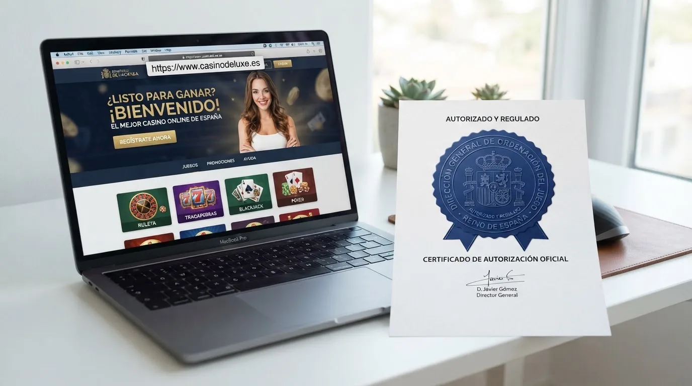 Sello oficial de la Dirección General de Ordenación del Juego junto a la página de inicio de un casino online con dominio .es