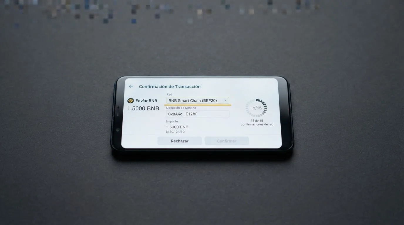 Pantalla de una wallet de criptomonedas mostrando una transacción BNB en la red BEP-20 con dirección de destino y confirmaciones