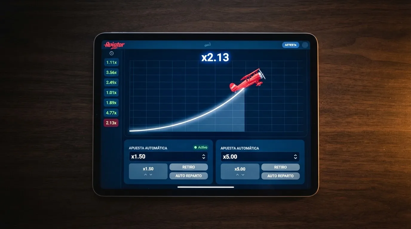 La pantalla de Aviator mostrando dos paneles de apuesta simultáneos: uno configurado con auto-cashout a 1,5x y el otro con auto-cashout a 5,0x, con el historial de rondas visible a la izquierda