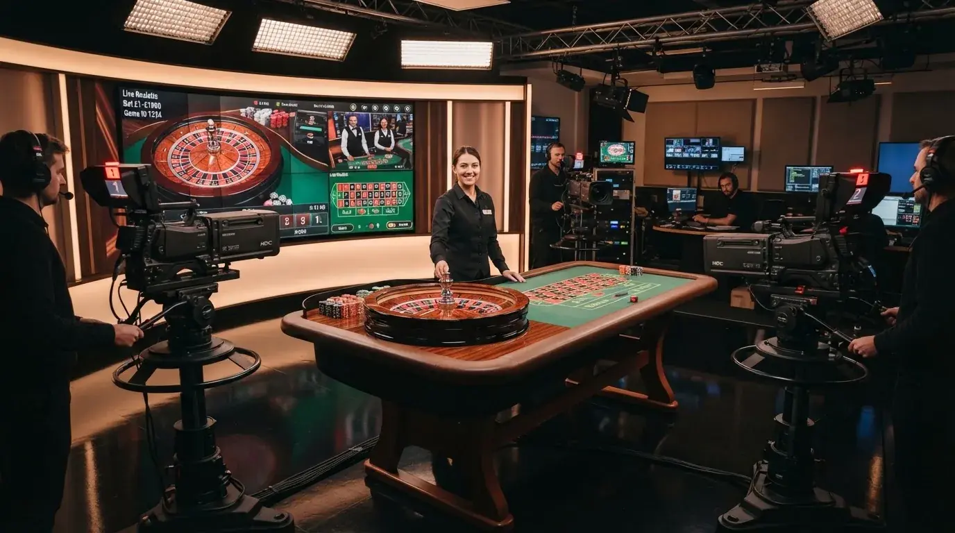 Interior de un estudio de casino en vivo con mesa de ruleta, crupie y equipo de cámaras profesionals.
