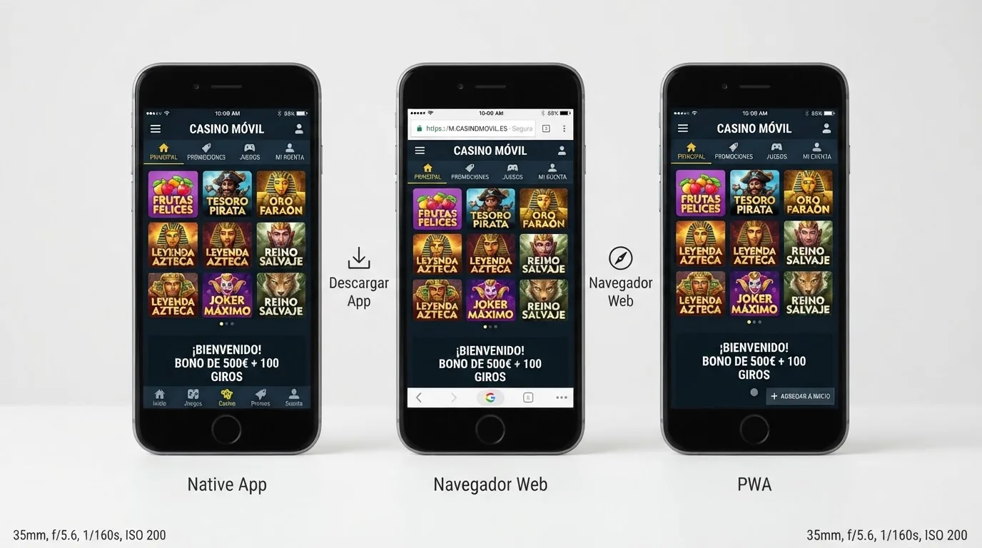 Tres pantallas de móvil mostrando el mismo casino en app nativa, navegador web y PWA, con iconos que señalan las diferencias de interfaz