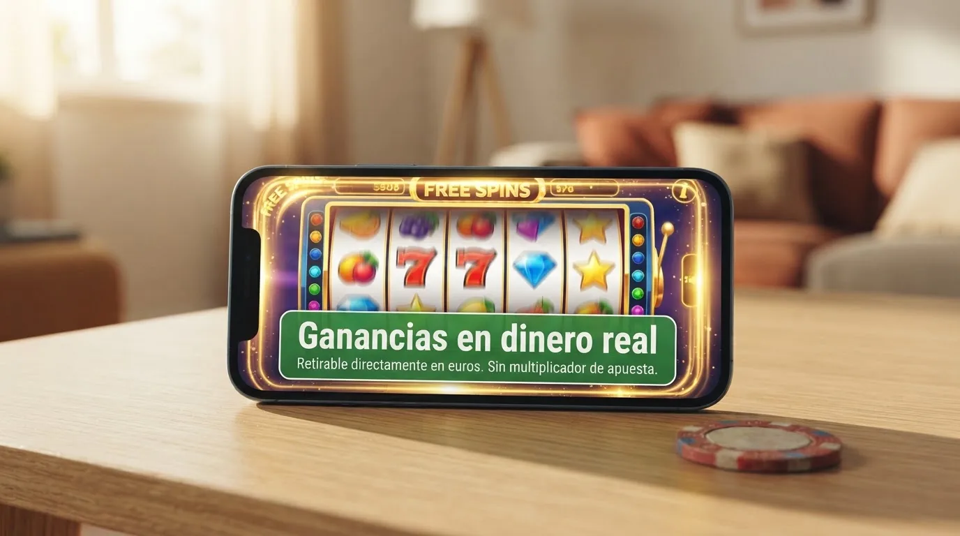 Pantalla de una tragaperras online con tiradas gratis activas y el indicador «ganancias en dinero real» visible en la interfaz