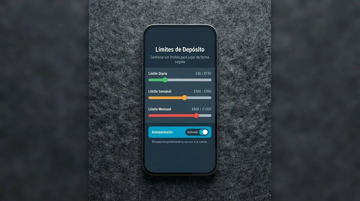 Interfaz de configuración de límites de depósito en un casino online, con controles deslizantes para límite diario, semanal y mensual junto a un botón de autoexclusión