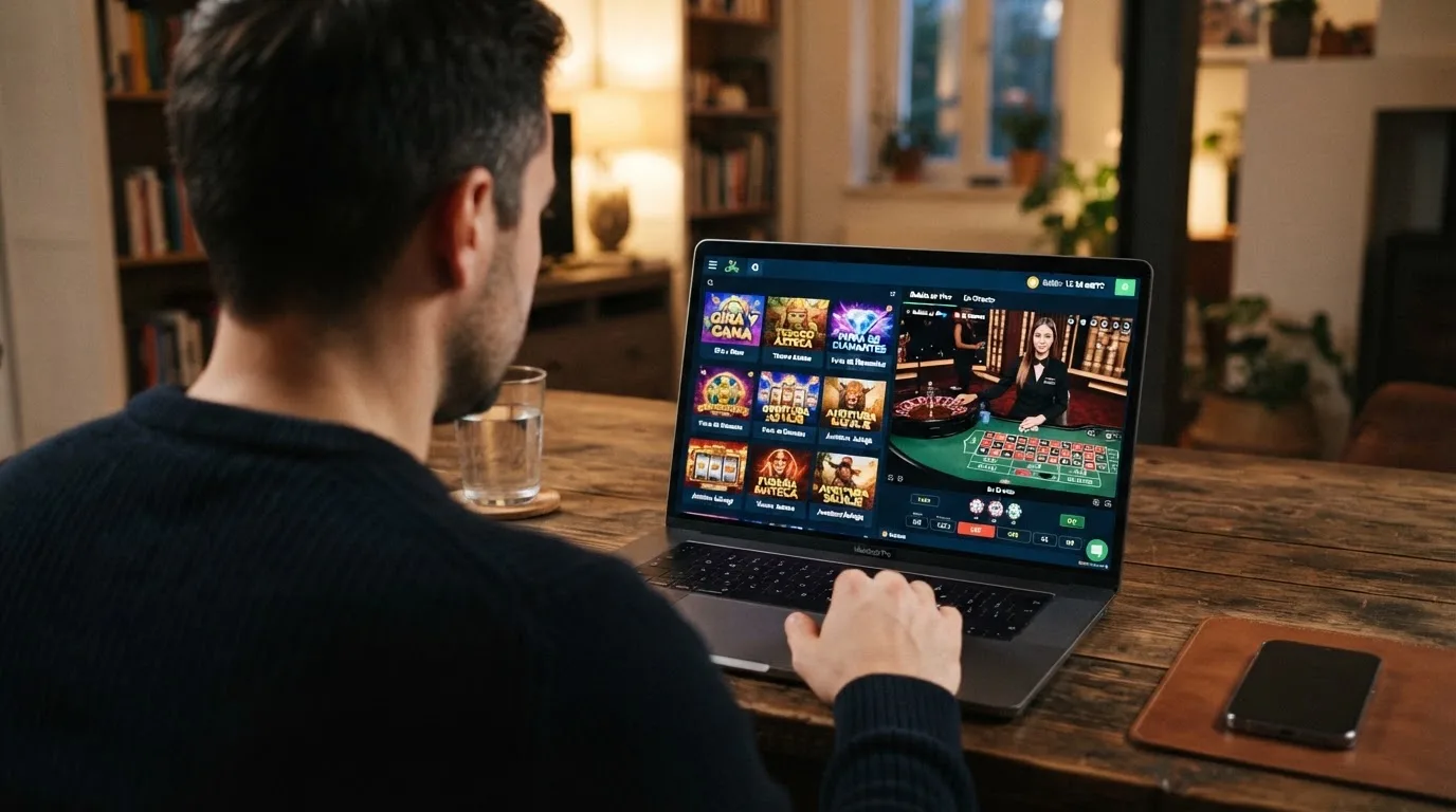 Pantalla de un casino online mostrando un lobby de tragaperras y una mesa de ruleta en vivo con saldo en criptomonedas