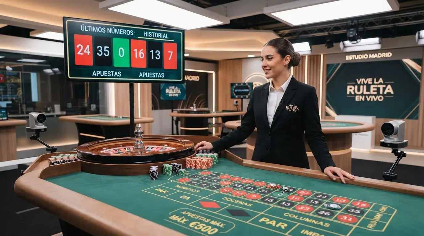 Mesa de ruleta en vivo de Evolution Gaming retransmitida en HD con crupier hispanohablante desde un estudio profesional