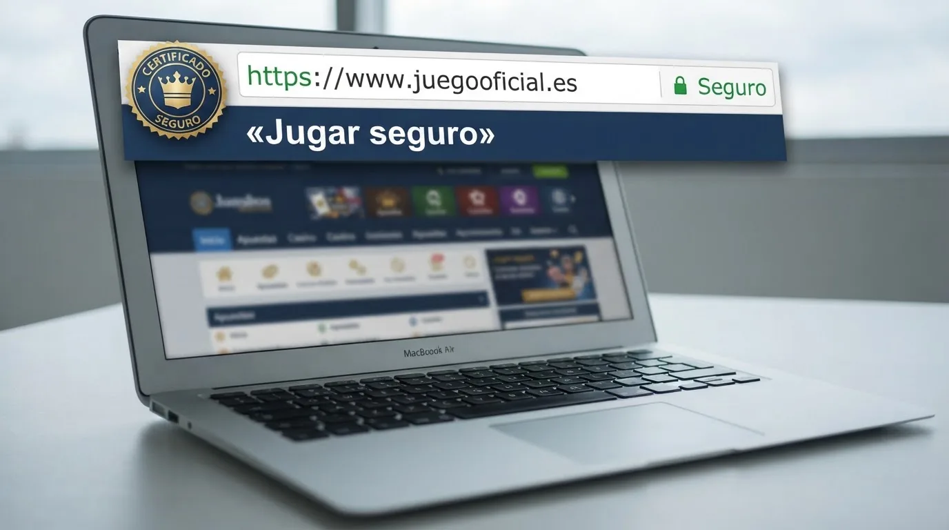 Un detalle del sello de la DGOJ junto al dominio .es en la barra de direcciones de un navegador, con el texto «Jugar seguro» visible