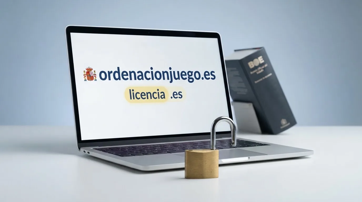 Pantalla de ordenador mostrando la página de inicio de la DGOJ (ordenacionjuego.es) con el texto «licencia .es» resaltado, un candado abierto sobre la pantalla y el BOE en segundo plano