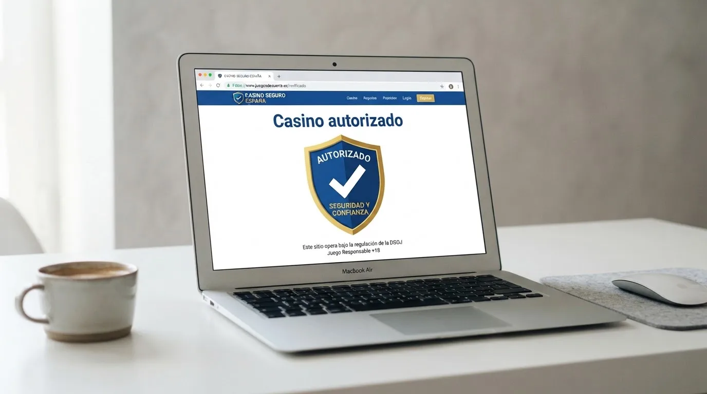 Sello oficial de la DGOJ y dominio .es sobre la pantalla de un casino online, con el candado de conexión segura visible en el navegador