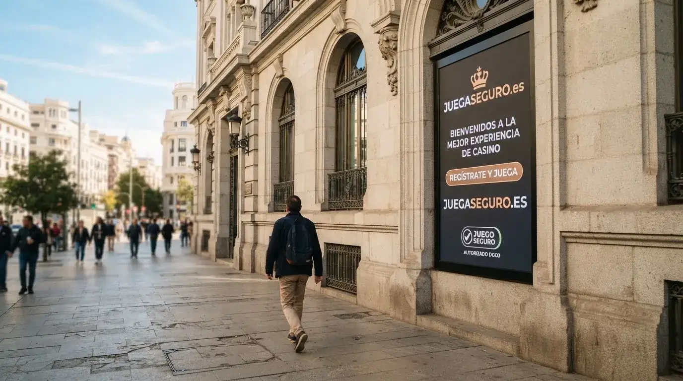 La fachada del edificio de la Dirección General de Ordenación del Juego en Madrid junto a una pantalla que muestra el dominio .es de un casino online autorizado