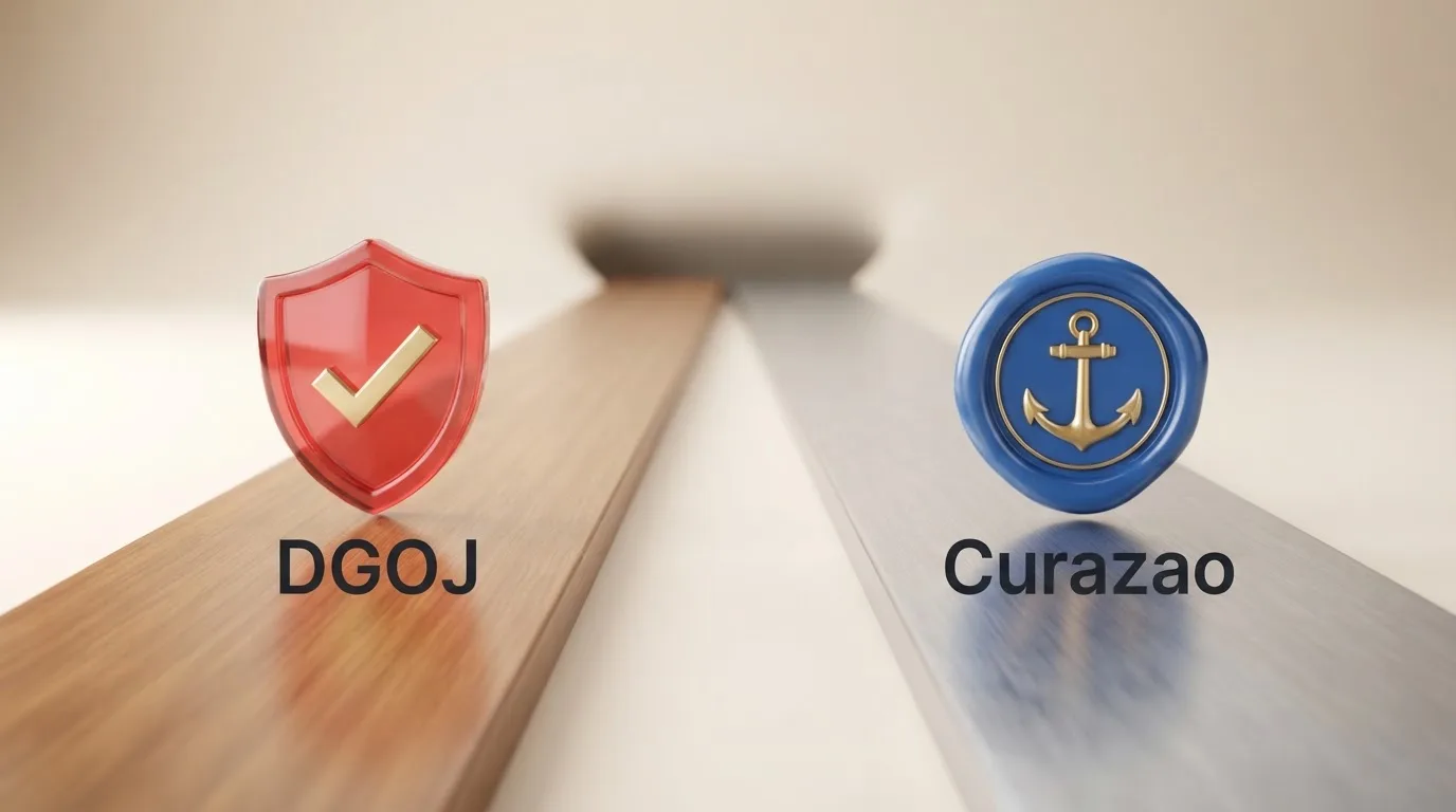 Representación visual de dos caminos: un dominio .es con el sello de la DGOJ frente a un certificado de licencia de Curaçao con el escudo de la GCB.