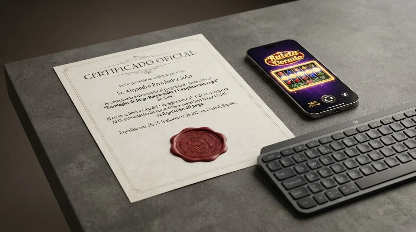 Documento ofcial con el selo de la Direción General de Ordenación del Juego junto a un teclado y una pantala de casino