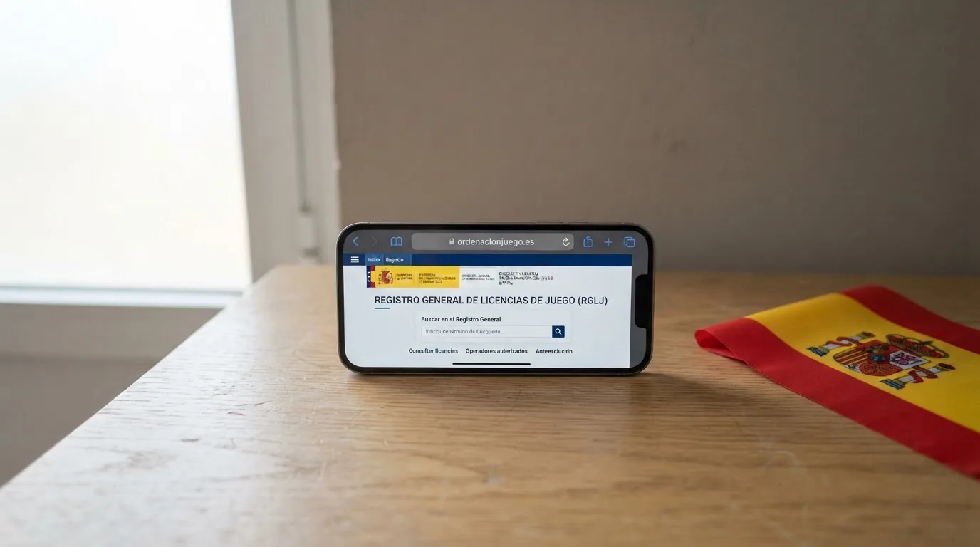 Primer plano de un teléfono móvil que muestra la página de ordenacionjuego.es con el registro de operadores con licencia, sobre un fondo de pantalla dividida: un lado con el escudo de España y otro con una señal de advertencia.