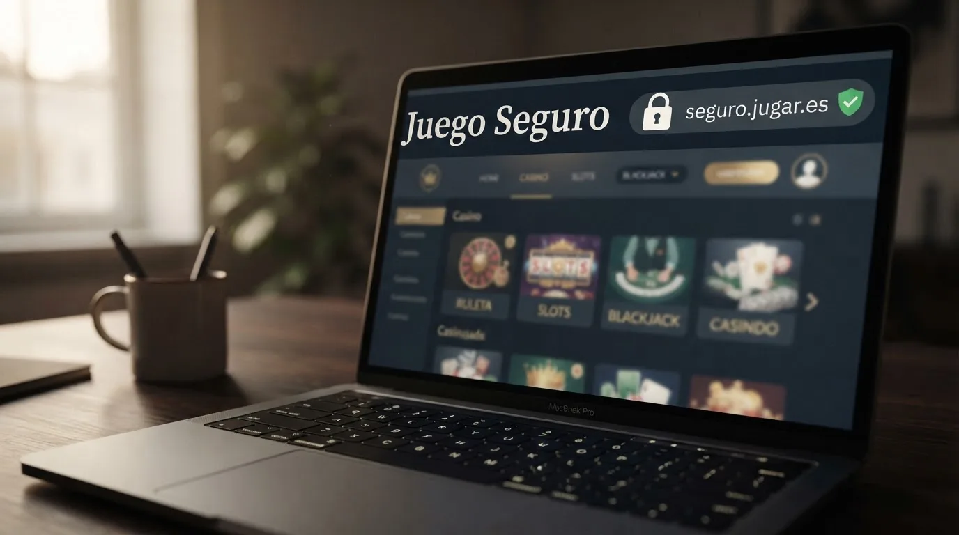 Primer plano del sello oficial de la Dirección General de Ordenación del Juego junto al dominio .es en la pantalla de un casino online autorizado, con el texto «Juego Seguro» en la interfaz