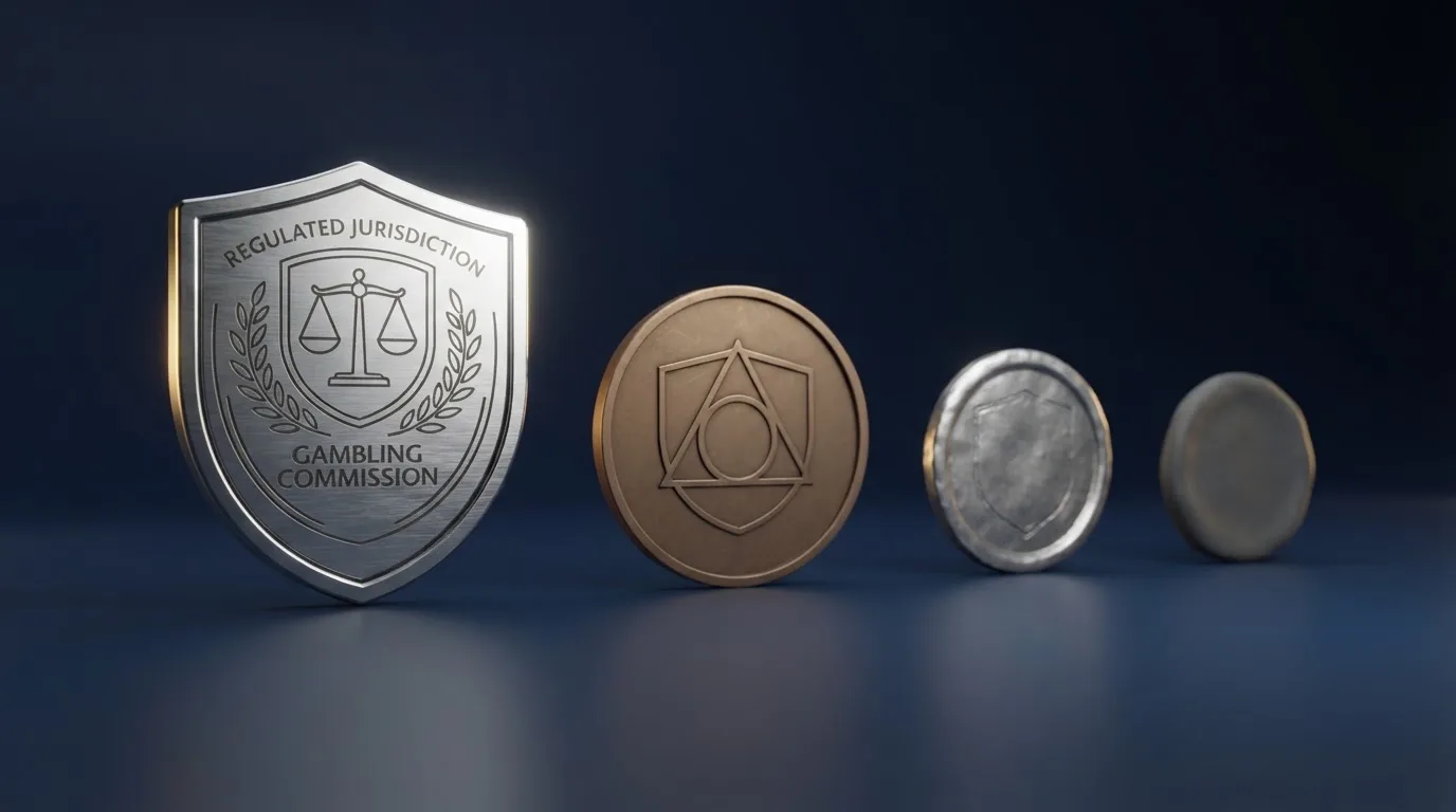 Mapa conceptual de las jurisdicciones de licencia de casinos cripto — DGOJ España, Curaçao CGA, Anjouan y Costa Rica — con sus diferencias de protección al jugador