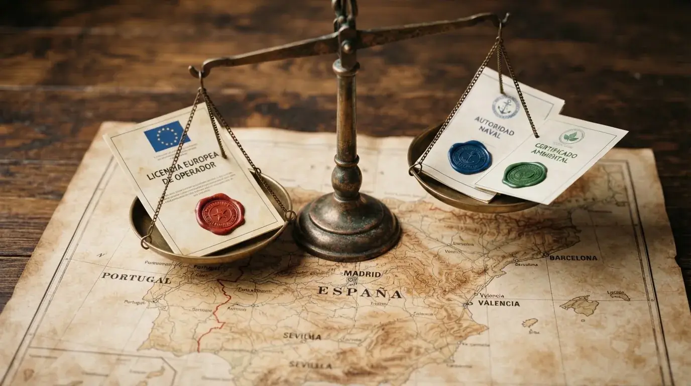 Una balanza con el logo de la DGOJ en un platillo y las licencias de Curaçao y Anjouan en el otro, sobre un mapa de España