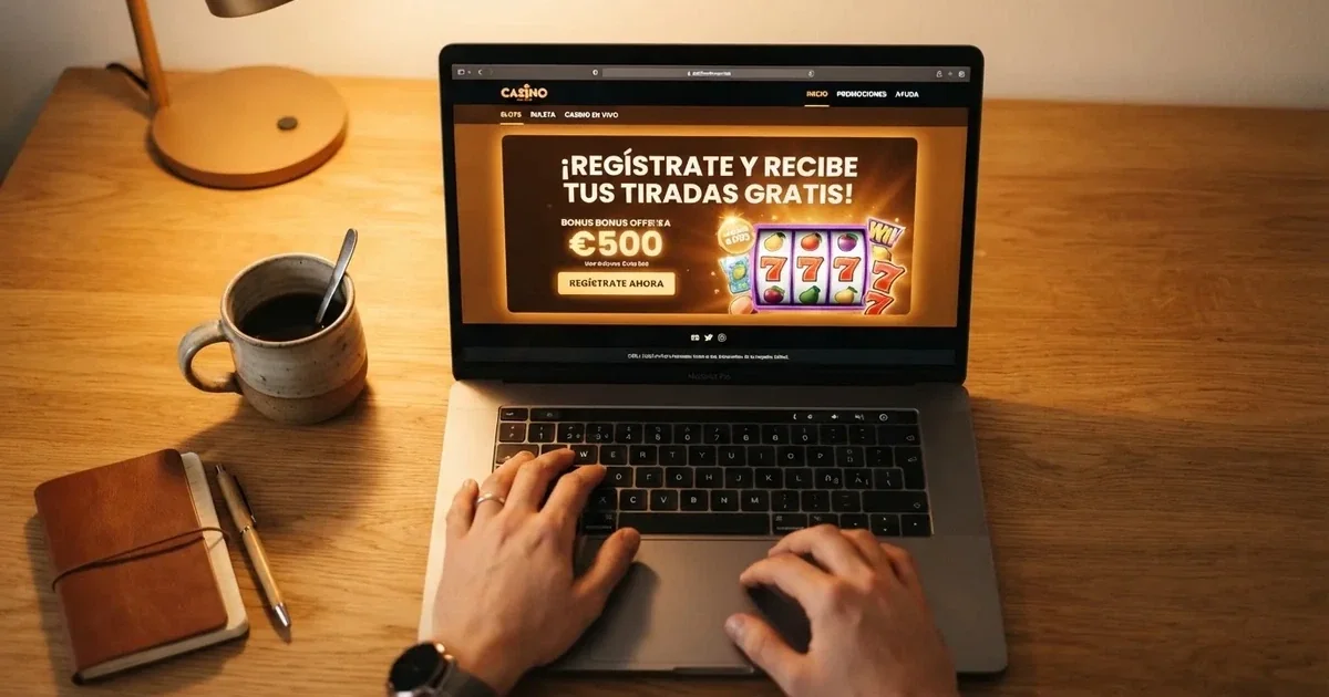 Pantalla de un casino online español mostrando una promoción de giros gratis sin depósito con el texto «regístrate y recibe tus tiradas gratis» visible